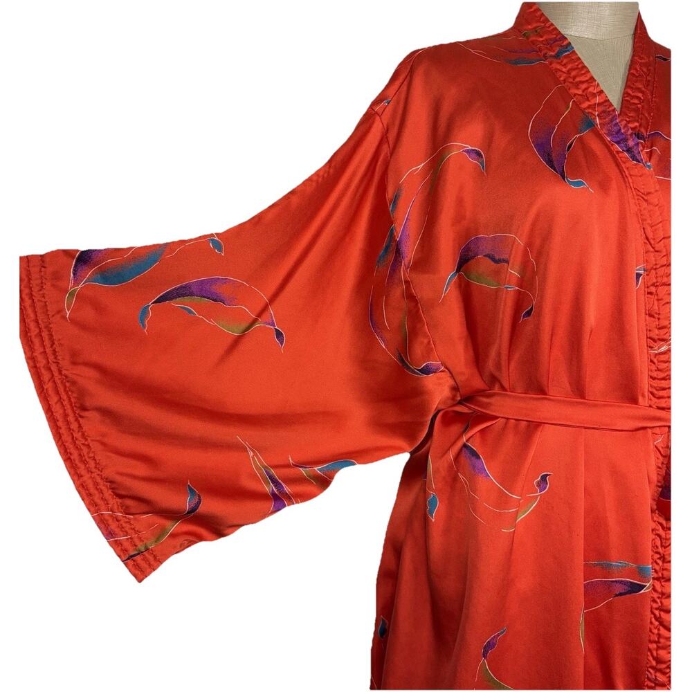 Vintage California Dynasty Style Kimono Robe Belt Red Botanical Satin Size Large - Picture 3 of 14